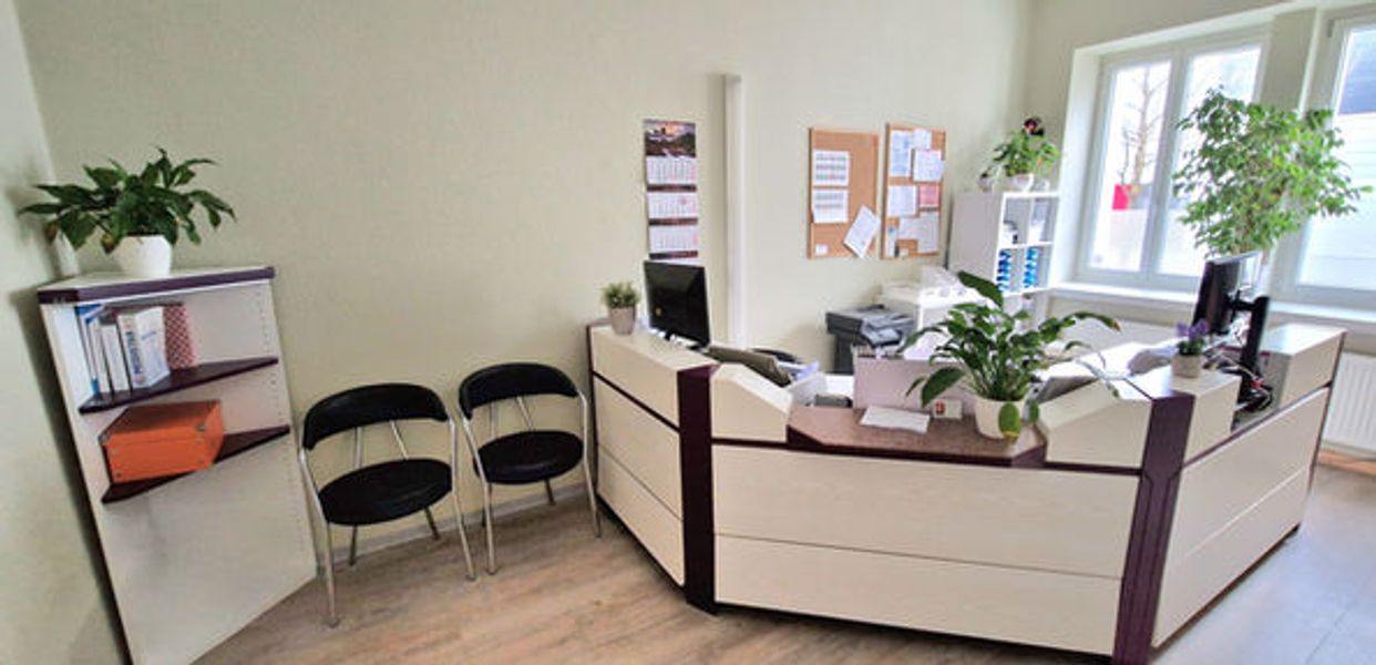 Heller Empfangsbereich einer Arztpraxis mit modernem weißem Empfangstresen, schwarzen Besucherstühlen und grünen Pflanzen am Fenster